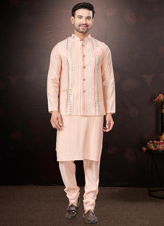 Pure Silk Pink Traditional Wear Mirror Work Readymade Modi Jacket Kurta Pajama